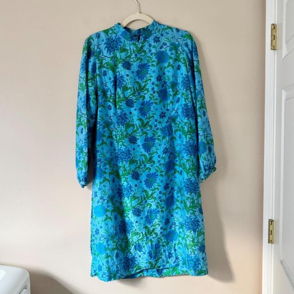 Vintage 60s Silk Blue Green Floral Long Sleeve Dress brocade tapestry